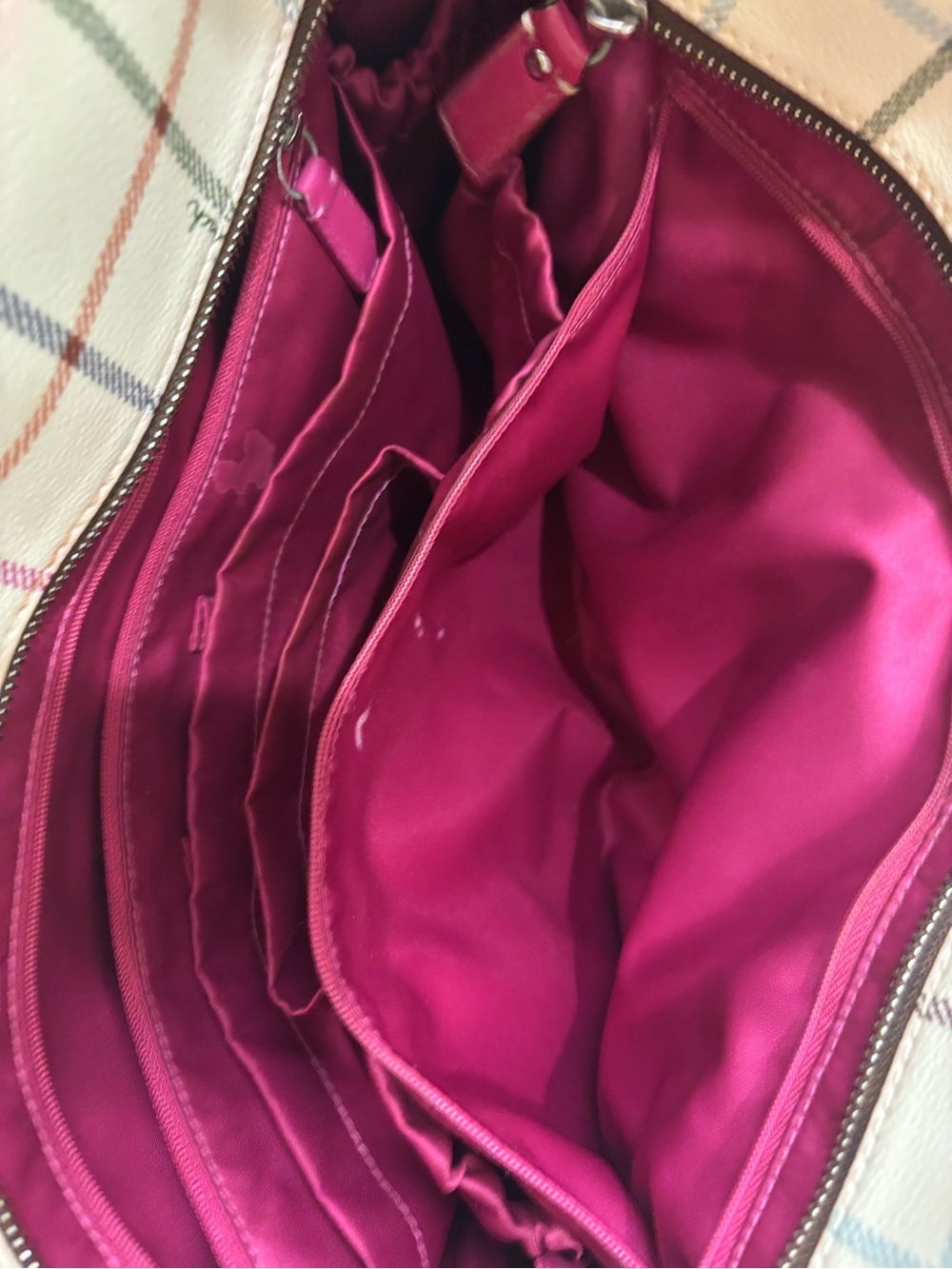 Coach Cream Plaid Canvas Tote with Pink Center Stripe and Tan Trim - Picture 10 of 14